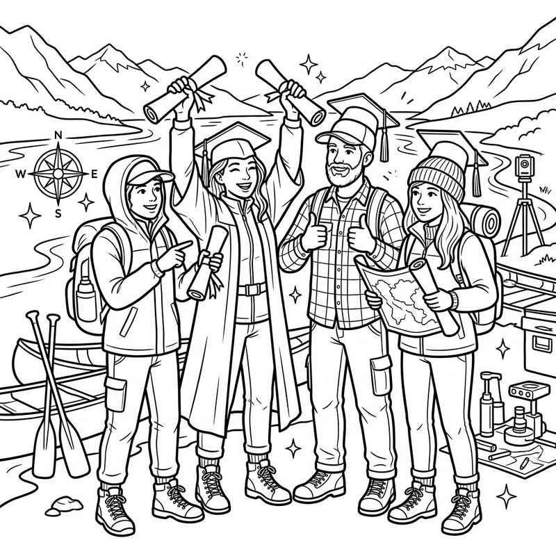 Mark a monumental milestone with our unique River Explorers Graduation coloring page. This design captures the joy of achievement as future adventurers celebrate their academic success amidst the beauty of nature.