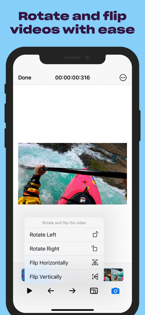 Benutzeroberfläche der SnapMotion-App mit Optionen zum Drehen und Spiegeln von Videos