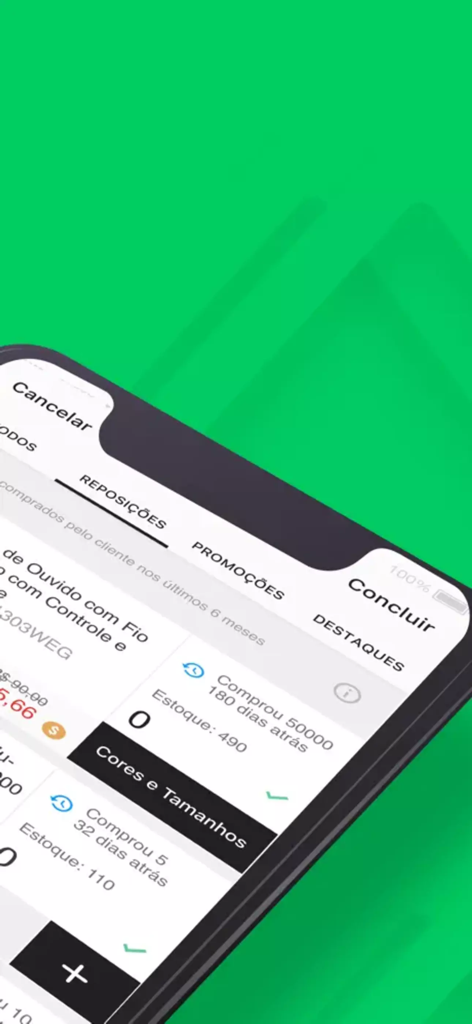 Mercos - app de vendas - 製品在庫レベルと顧客購入履歴を表示する営業担当者向けのMercosモバイルアプリインターフェイス