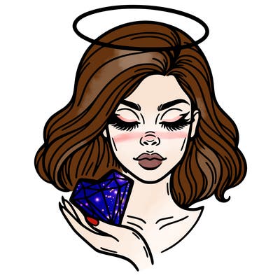 a face of a woman with an halo above her head and a crystal heart in her hand