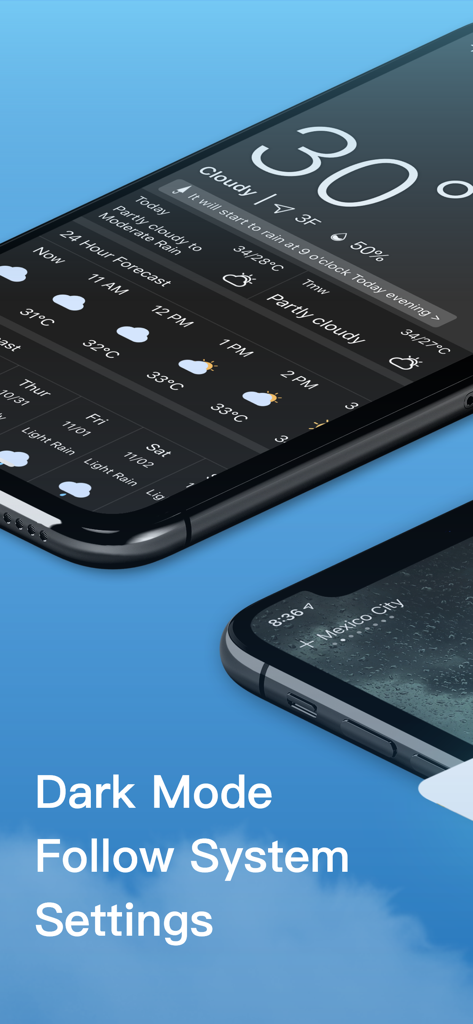 Weather- NOAA Weather Radar - Interfaz de la aplicación Clima - Radar Meteorológico NOAA mostrando modo oscuro en iPhone