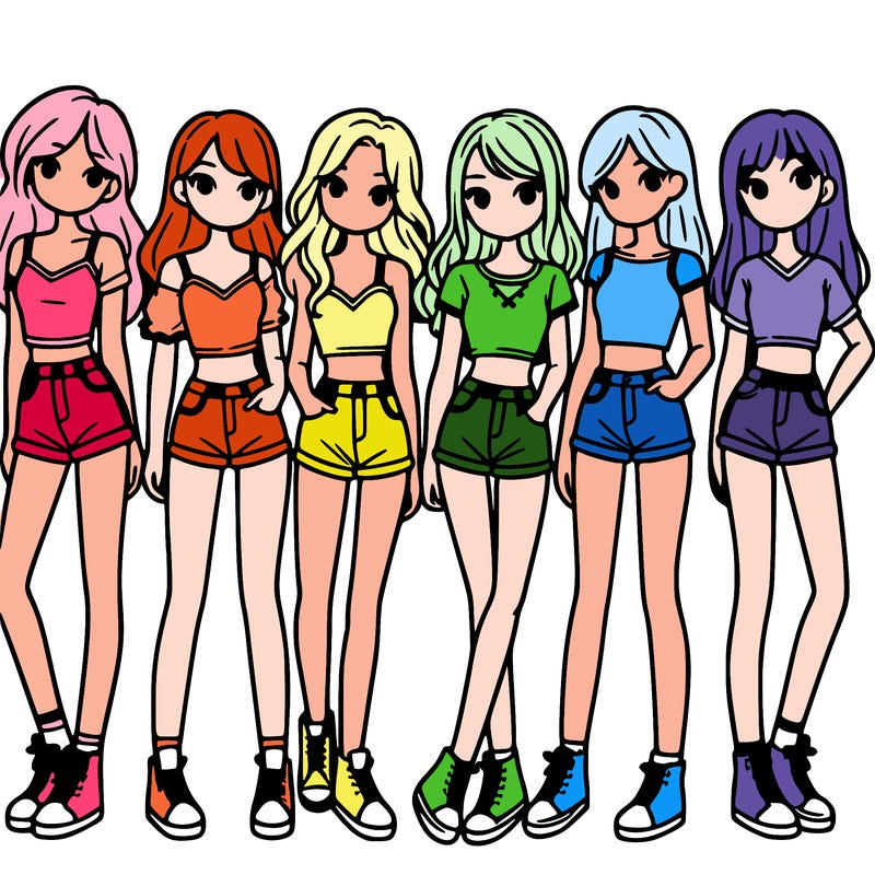a group of girls wearing crop tops and shorts