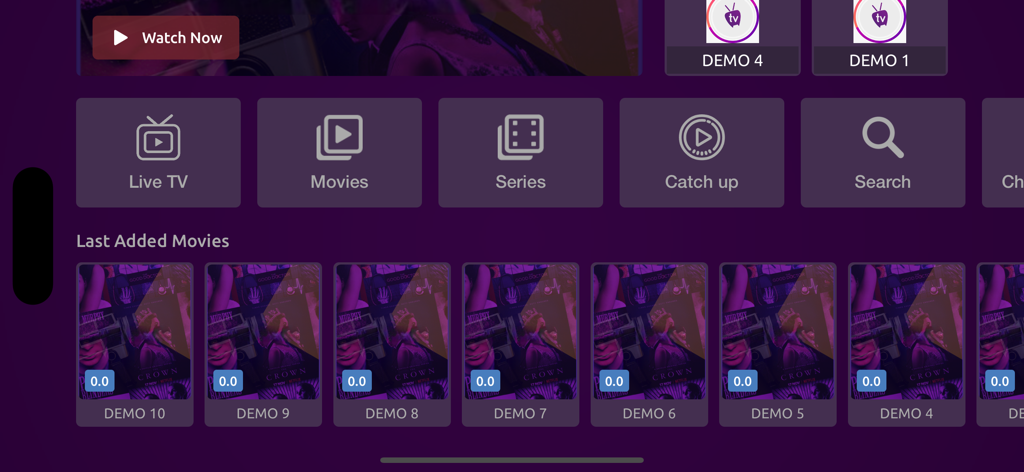 VU PLAYER PRO - VU PLAYER PRO home screen with categories for Live TV Movies and Series