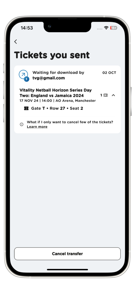 Interface showing the status of sent tickets in the England Netball Tickets app