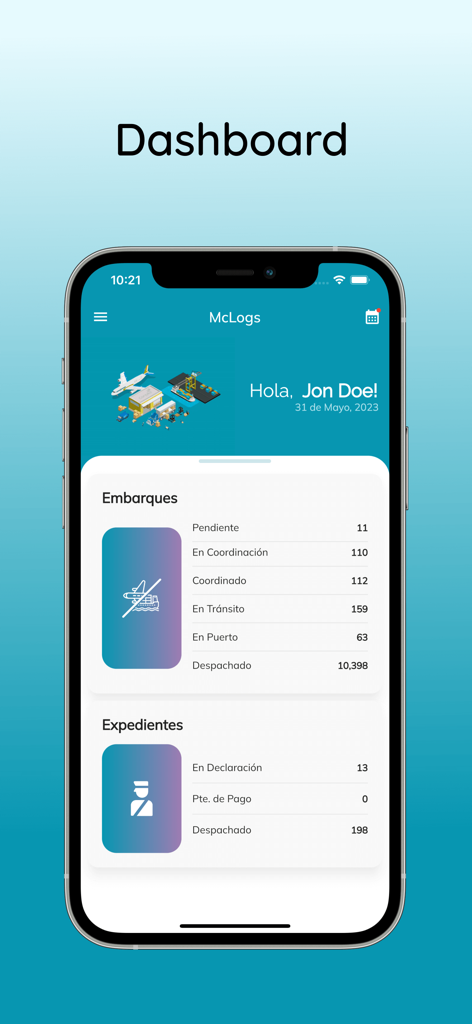 McLogs - McLogs app dashboard showing shipment tracking statuses and logistics management data