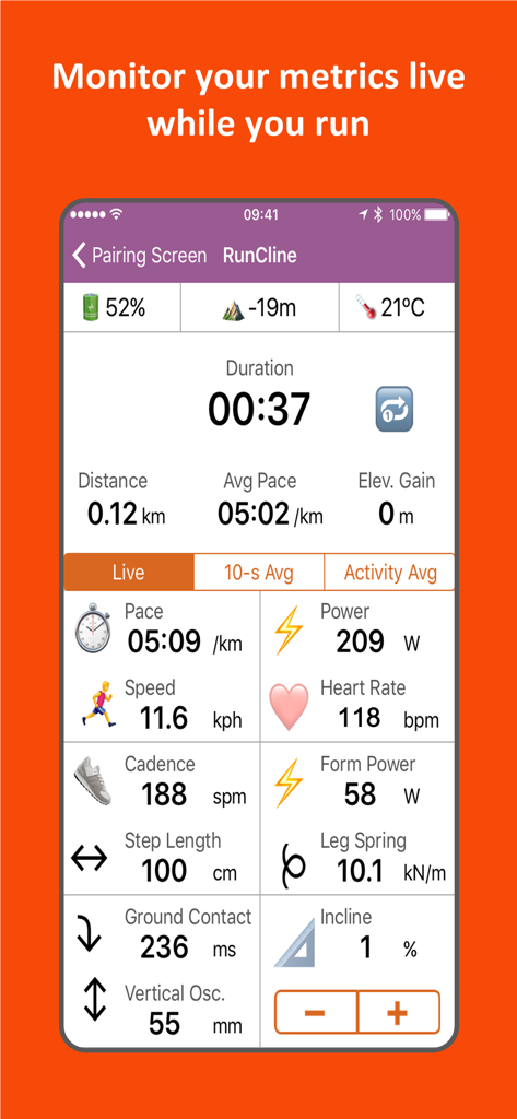 RunCline - RunCline app interface displaying live running data including pace power heart rate and cadence