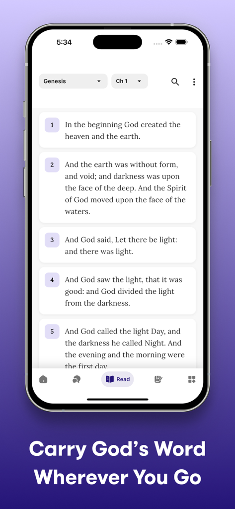 BibleHi: Bible Chat & Prayer - Interfaz de la aplicación BibleHi que muestra versículos del libro de Génesis.