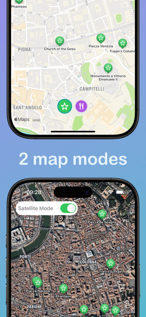 Rome History & Art Guide - Interfaz que muestra modos de mapa estándar y satelital de la aplicación Rome History and Art Guide con monumentos como la Piazza Venezia y la Fontana di Trevi.
