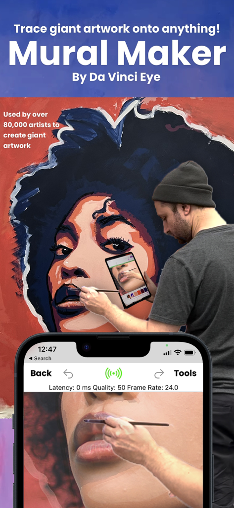 Mural Maker by Da Vinci Eye - An artist using the Mural Maker app to trace and paint a large portrait on a wall