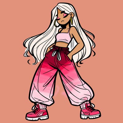 girl in baggy pants crop top and long hair