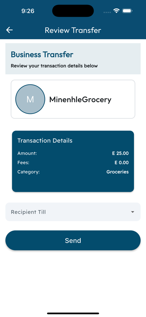 DeltaPay Eswatini mobile app screen showing a business transfer review to a grocery store.