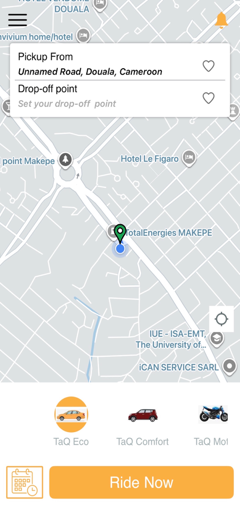 TaQ User app ride booking screen featuring map and vehicle options
