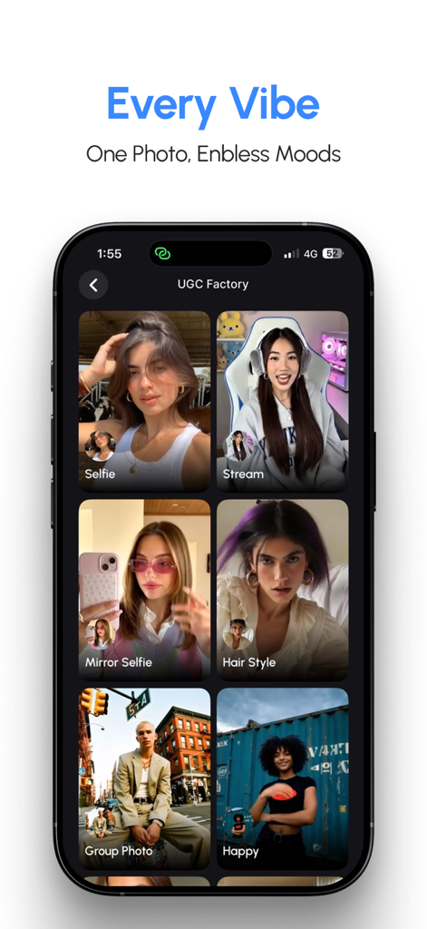 A mobile interface for the BeGen app showing different video styles and templates including stream, selfie, and hair style options under the UGC Factory title.