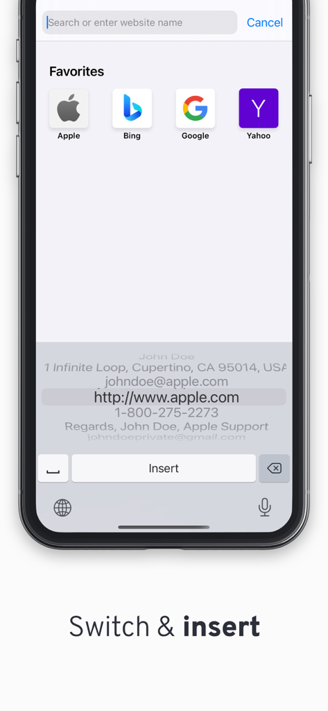 Interface do teclado personalizado do Phraser em um iPhone exibindo trechos de texto salvos como email e endereço prontos para inserção rápida