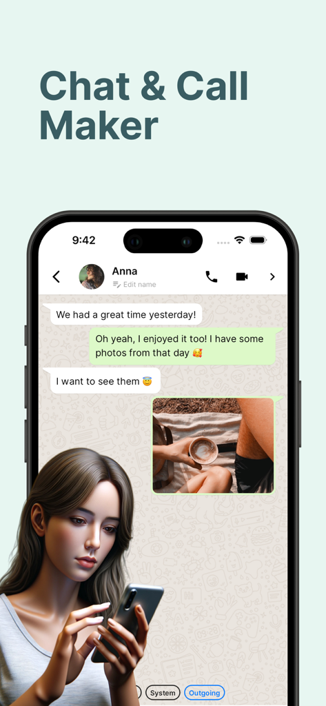 Smartphone-Bildschirm, der eine fiktive Chat-Oberfläche aus dem Spiel Love Story Chat zeigt.