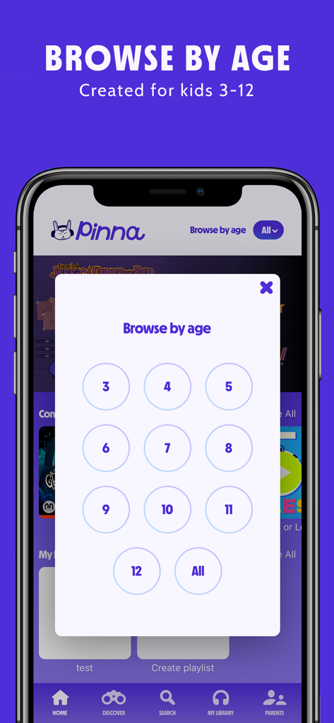 Pinna: Audio stories for kids - Pinna app mobile screen showing a browse by age menu for children from 3 to 12 years old