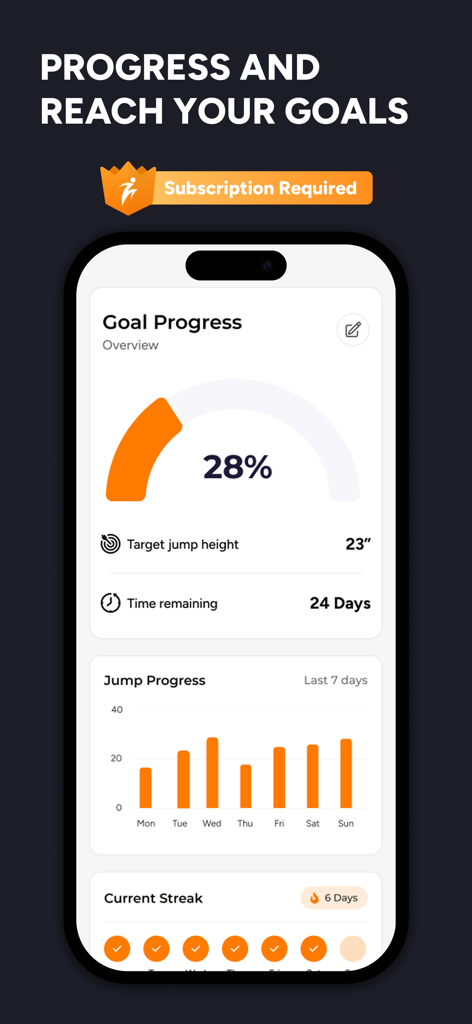Mobile interface of Jump AI app displaying vertical jump goal progress and weekly performance charts