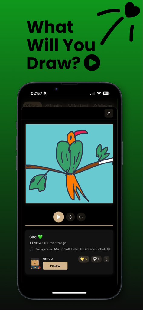Skrawl – Draw, Guess & WIN! - Pantalla móvil que muestra un dibujo de un pájaro con controles de reproducción y métricas sociales en la aplicación Skrawl.
