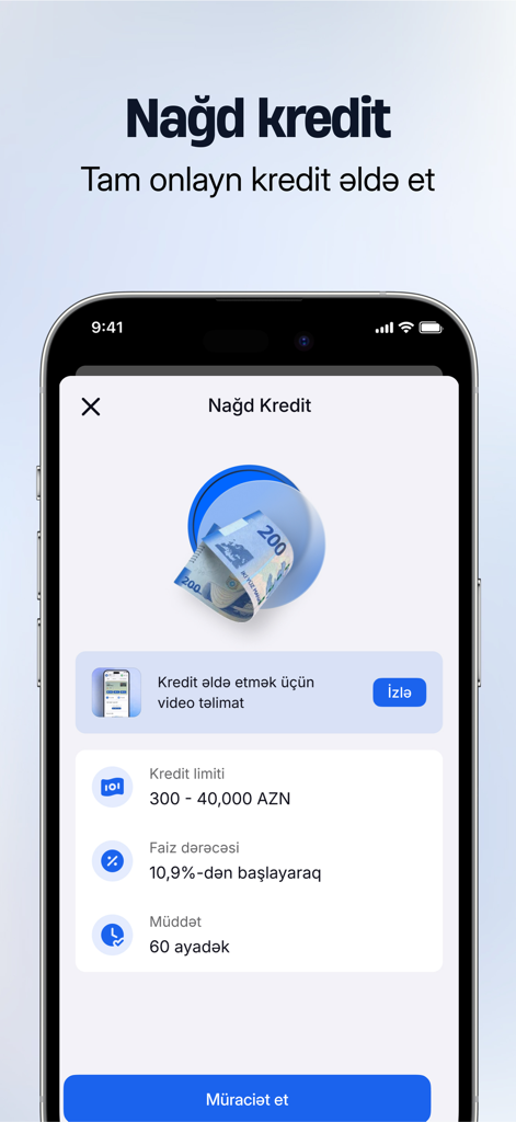 ABB mobile: Təhlükəsiz Bank - 약관 및 온라인 신청 버튼을 보여주는 ABB mobile 앱 현금 대출 인터페이스