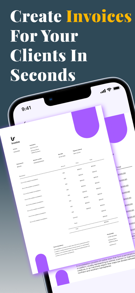 Invoice Maker - PDF & Billing - Vista previa de una factura profesional en PDF en un teléfono móvil desde la app Creador de Facturas