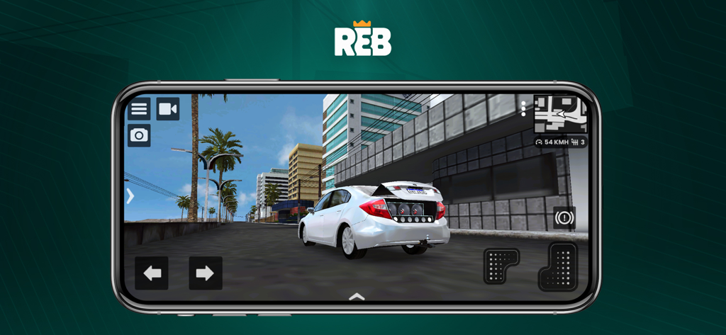 Rebaixados Elite Brasil - Jugabilidad de Rebaixados Elite Brasil mostrando un coche blanco bajado con subwoofers en el maletero abierto en una calle de la ciudad.