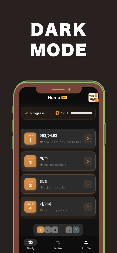 EPS-TOPIK All-in-One Grammar - A mobile interface for Korean Grammar Master displaying the home screen with lessons in dark mode