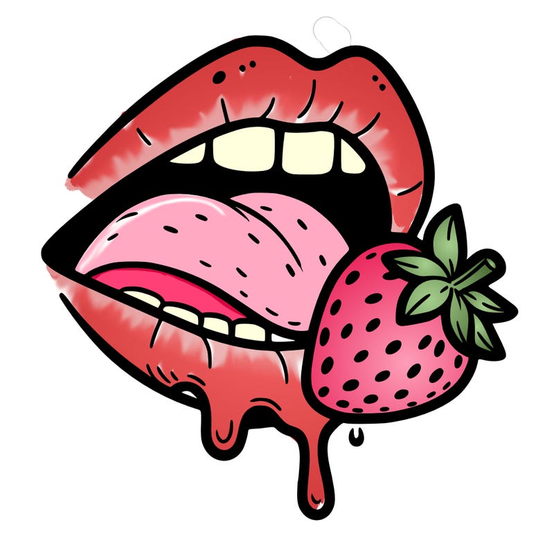 a mouth with a strawberry and it's mouth and it's biting it, a bit of juice dripping from the bottom lip