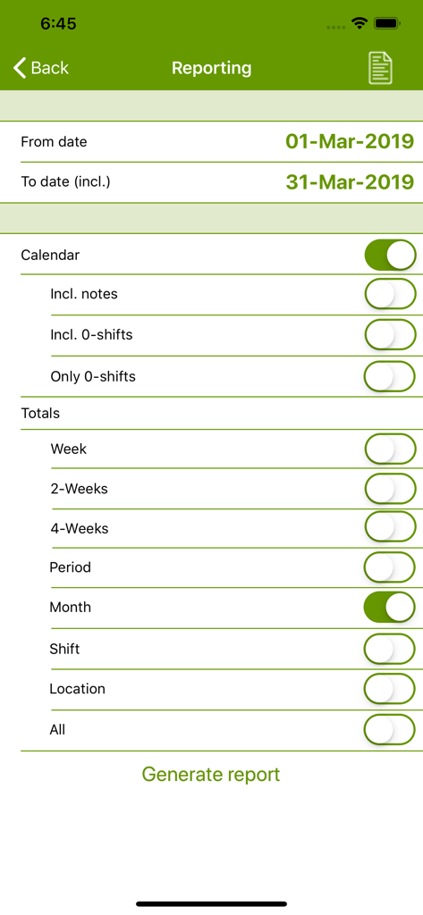 FlexR (Shift planner) - Berichtsseite in der FlexR Schichtplaner-App, die Optionen zur Erstellung von Arbeitsberichten anzeigt