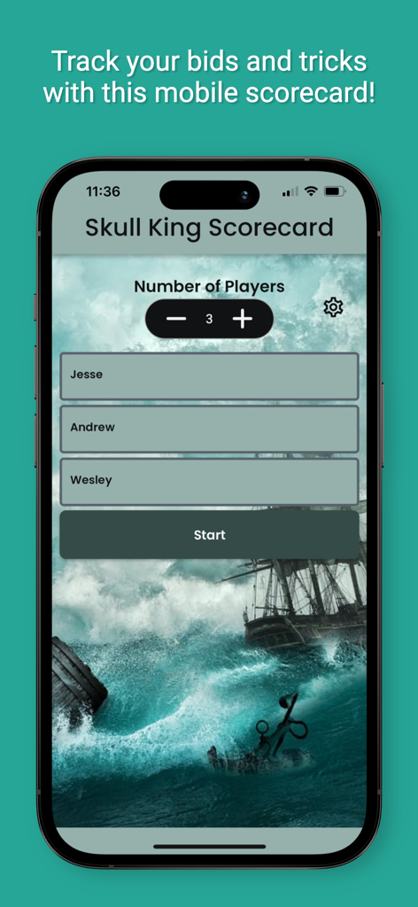 Skull King Scorecard - Skull King Scorecard app setup screen showing player name entry for three players