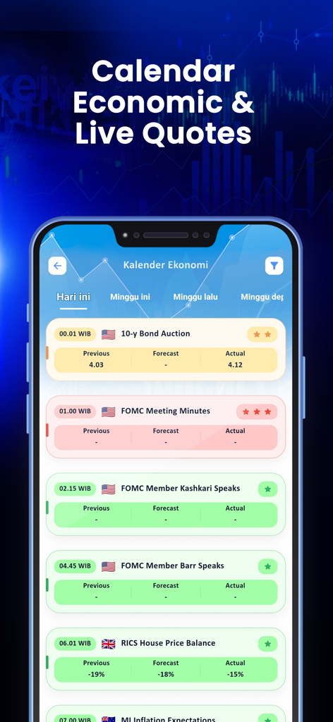 Newsmaker 23 - Economic calendar interface in the Newsmaker 23 app showing upcoming financial events and market data