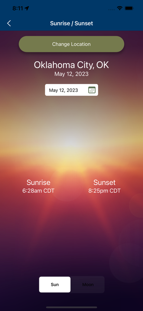 Go Outdoors Oklahoma - Screenshot of the sunrise and sunset tool in the Go Outdoors Oklahoma app showing times for Oklahoma City