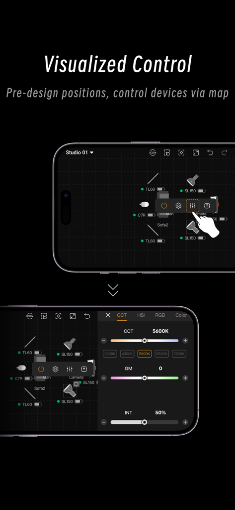 Godox Light app interface showing visualized lighting setup on a 2D map with professional CCT and intensity controls