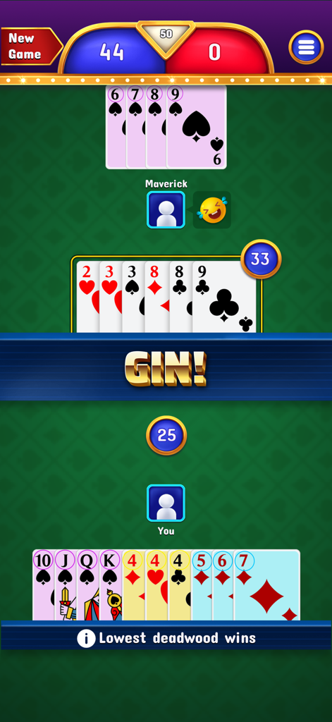 Gin Rummy - Classic Cards Game - Interfaz del juego móvil clásico de Gin Rummy que muestra una mano de Gin ganadora contra un oponente de IA