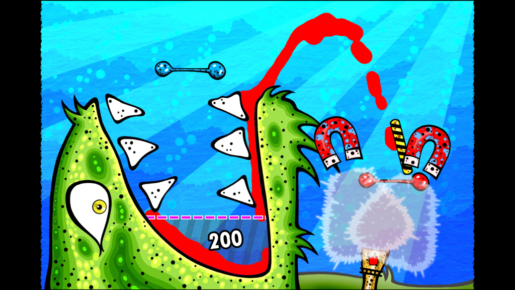 Feed Me Oil - A surreal physics puzzle level where magnets guide red liquid into a green creatures mouth