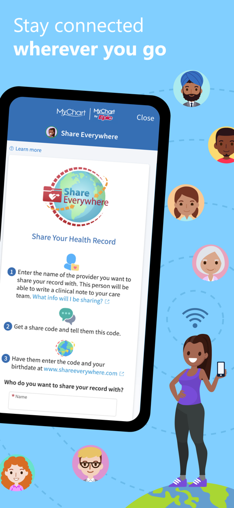MyChart App-Bildschirm erklärt die Funktion „Überall teilen“, um medizinische Unterlagen sicher mit Gesundheitsdienstleistern zu teilen