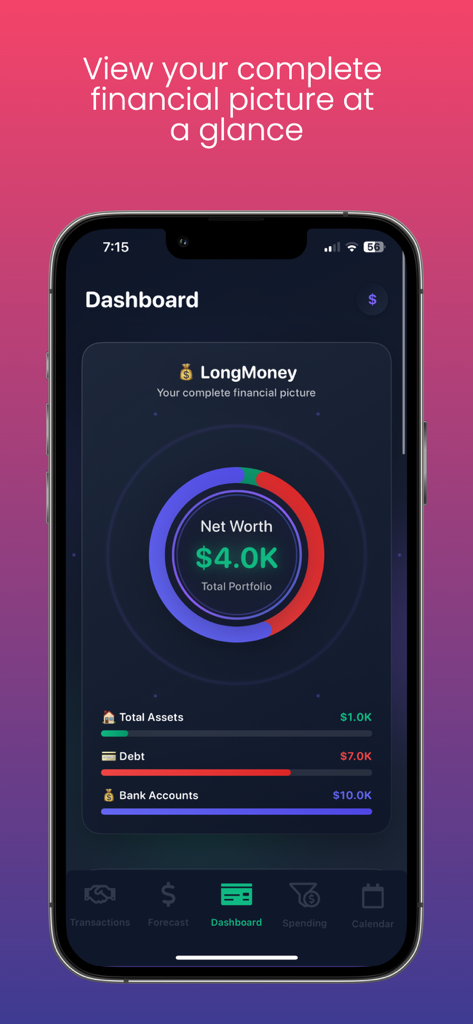 LongMoney - Dashboard of the LongMoney app showing net worth and asset breakdown