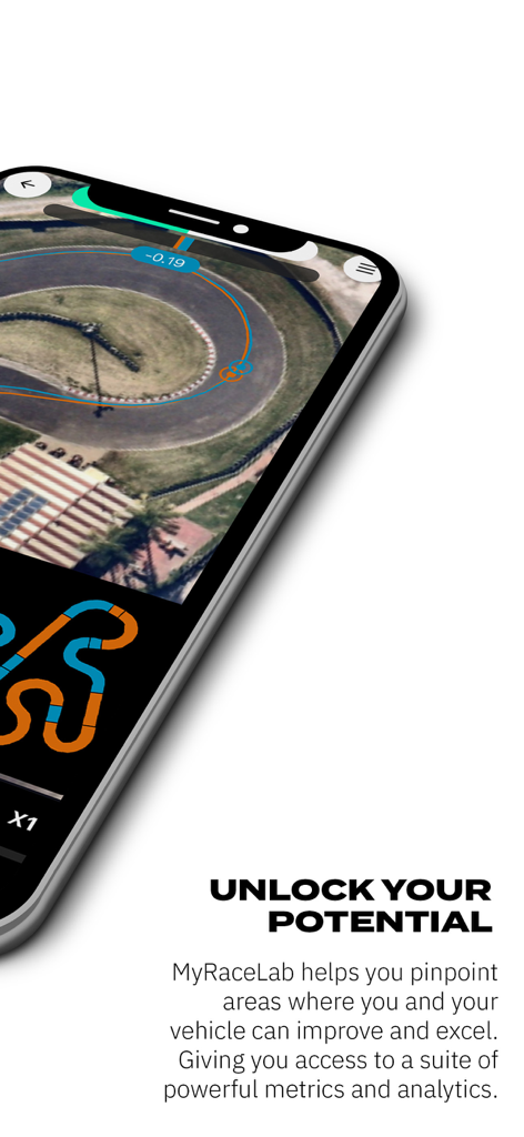 MyRaceLab: Lap & Race Timer - Pantalla de smartphone que muestra la aplicación MyRaceLab con una vista satelital de la pista y una superposición de datos de línea de carrera azul