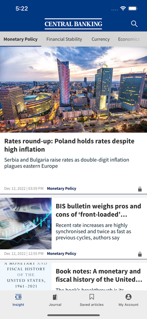 Central Banking - Screenshot of the Central Banking app main feed showing monetary policy news articles