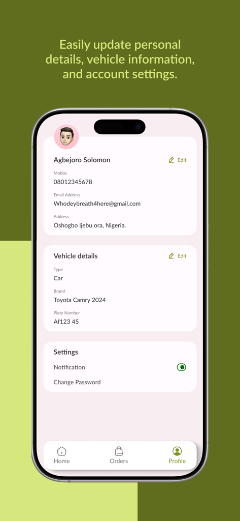 Fazt Rider - Pantalla de perfil de la aplicación Fazt Rider que muestra detalles personales, información del vehículo y configuración de la cuenta