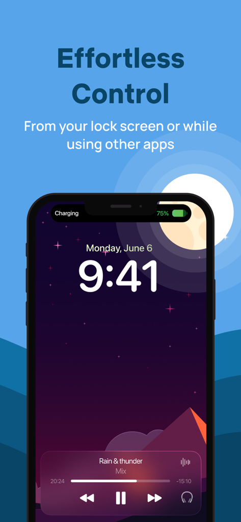 Baby Sleep White Noise Machine - Screenshot showing the Baby Sleep app media controls on an iPhone lock screen with a dark starry night background.