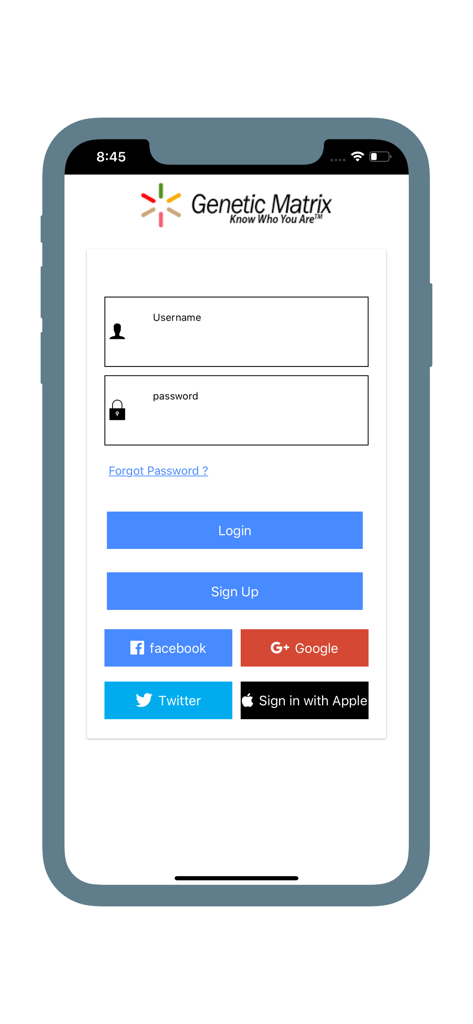 Genetic Matrix - Login and sign up screen for the Genetic Matrix Human Design app showing username and password fields and social login buttons
