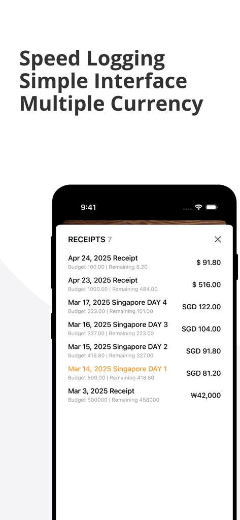 Trabee Spending Note - Trabee Spending Note app interface showing travel expense receipts in multiple currencies like USD and SGD