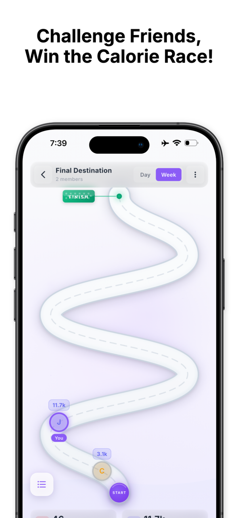 CalorieGram - Nutrition AI - Interfaz de la app CalorieGram mostrando un mapa gamificado para desafiar a amigos en una carrera de calorías.