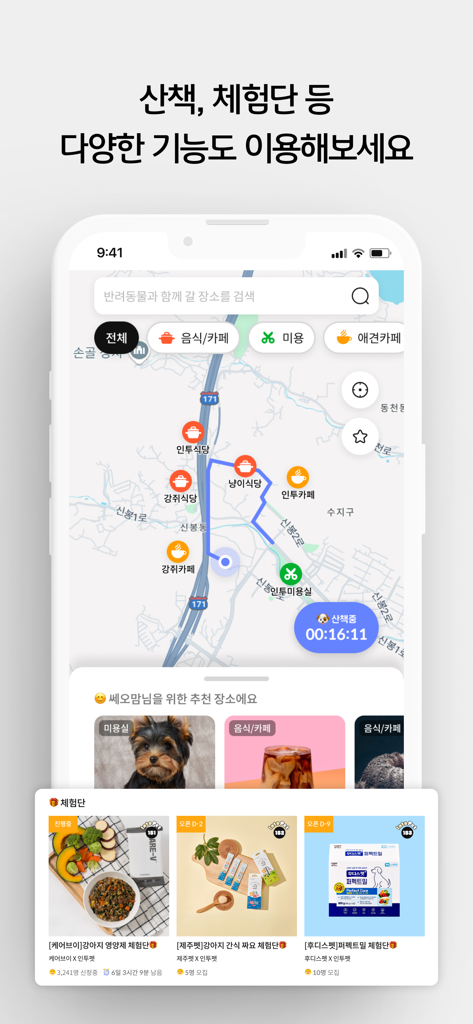 인투펫 - 펫 AI 에이전트 - Mobile app interface of IntoPet displaying a map of pet-friendly places and a walk tracking timer
