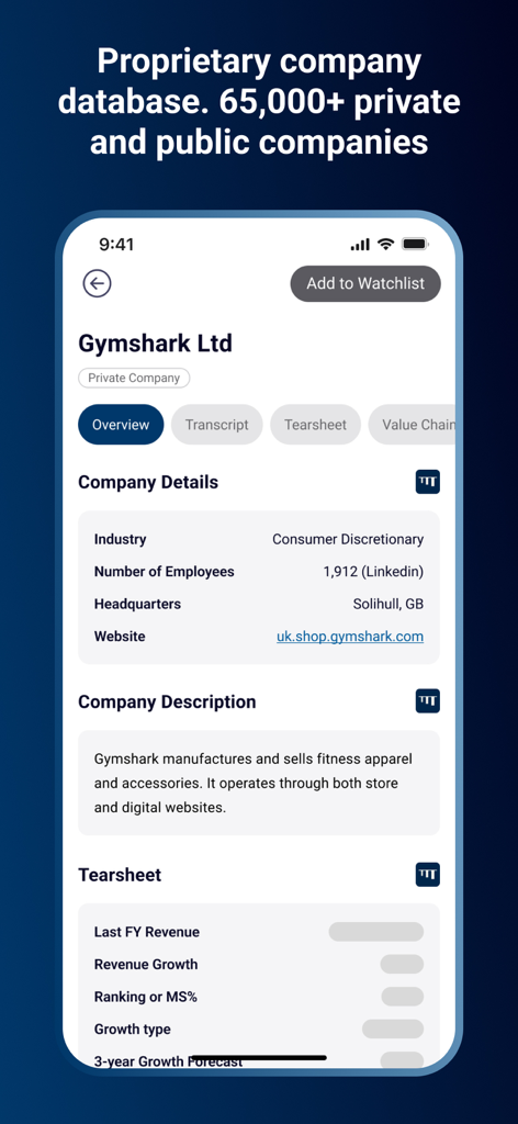 Third Bridge - Third Bridge mobile app interface displaying a detailed private company profile for Gymshark Ltd.