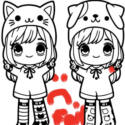 one girl wearing a all cat outfit with one cat sock and one dog sock