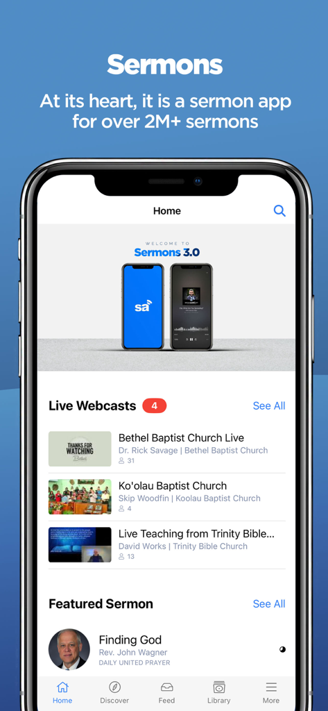 Sermons by SermonAudio - Home screen of the Sermons by SermonAudio app displaying live webcasts and a featured sermon.
