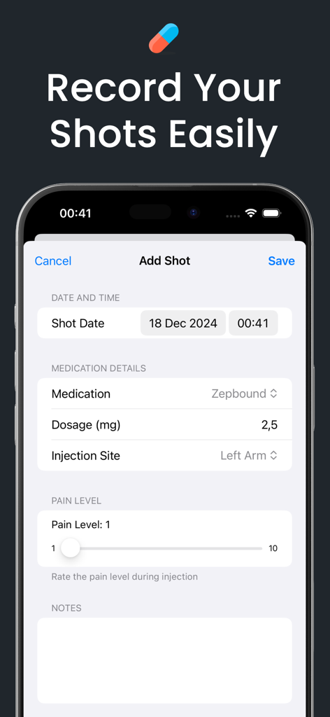 GLP 1 Tracker: Shot Pal - Shot Pal mobile app screen for tracking GLP-1 injections and dosages