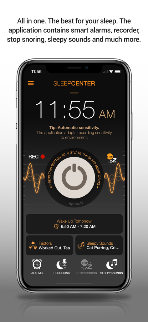 Sleep Tracker: Snore Recorder™ - Sleep Tracker Snore Recorder app interface showing sleep monitoring dashboard and smart alarm features