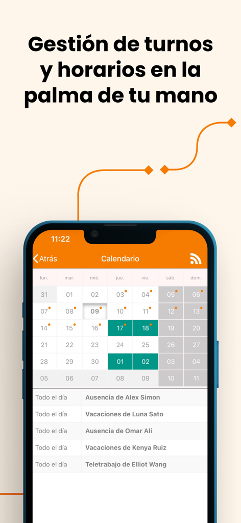 TramitApp Empleado - A smartphone screen displaying a monthly work calendar in the TramitApp mobile application